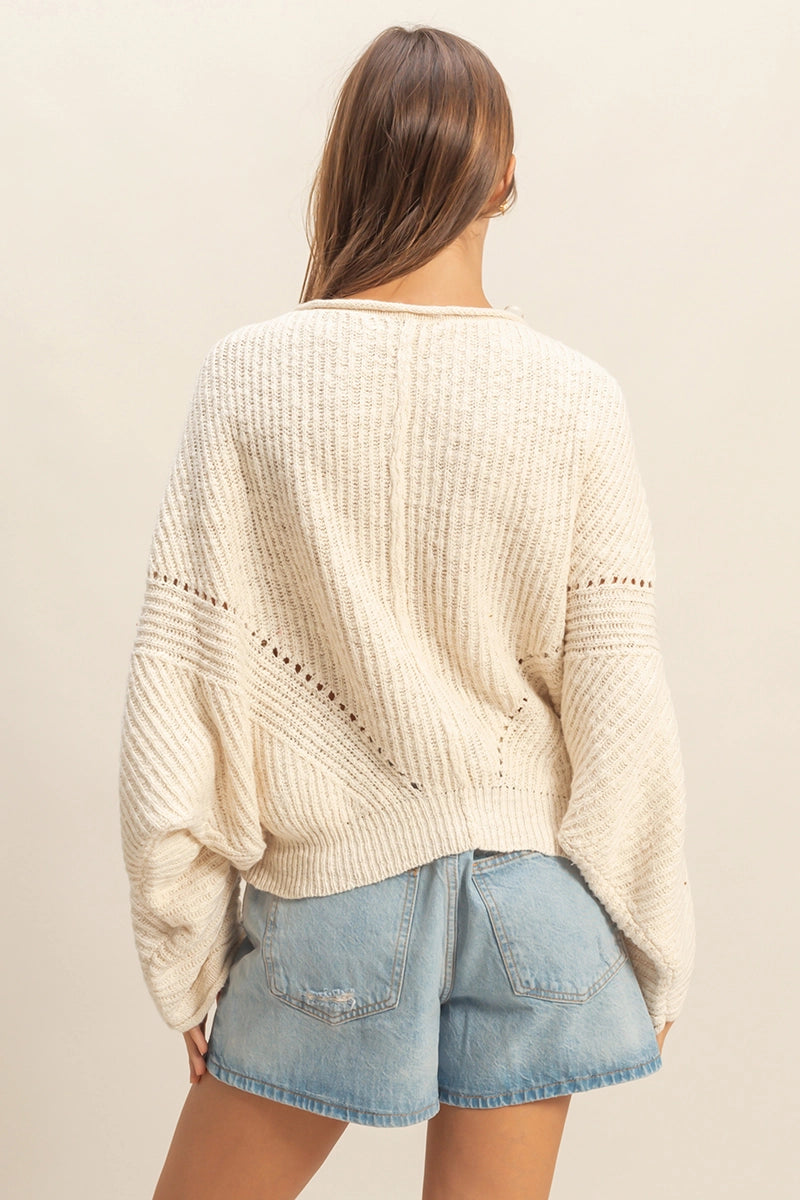 Ribbed Drop-Shoulder Knit Sweater - Cream