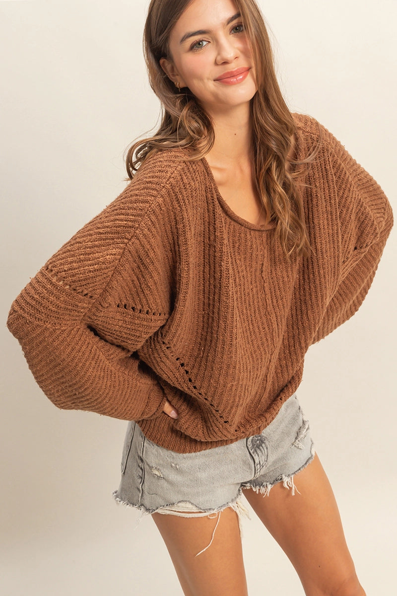 Ribbed Drop-Shoulder Knit Sweater - Brown