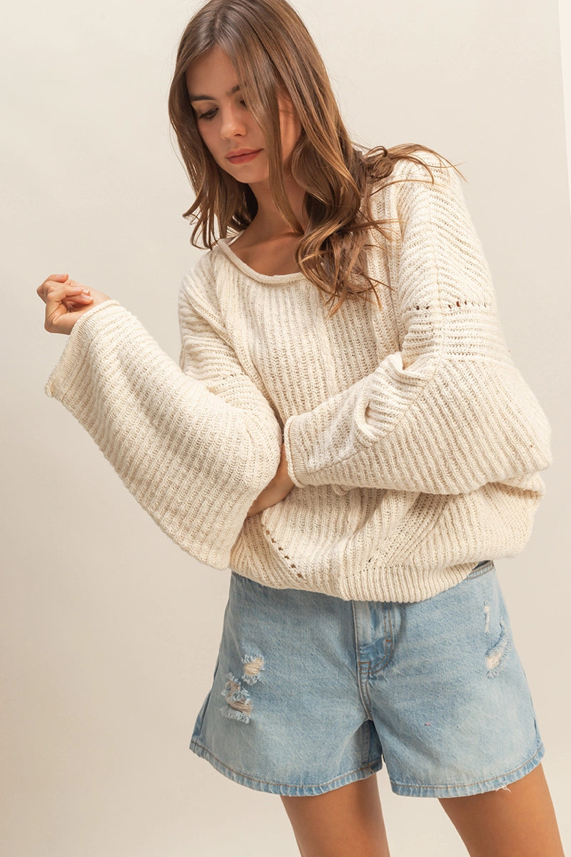 Ribbed Drop-Shoulder Knit Sweater - Cream