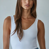 Double Layered Seamless U-V Neck Sleeveless Bodysuit | White