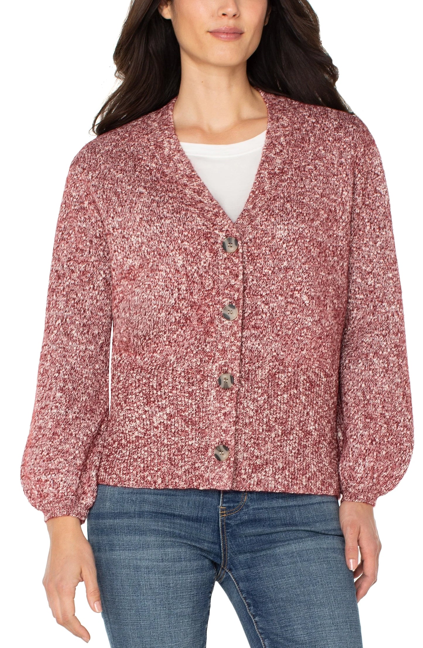 Long Sleeve Button Front Cardigan- Maroon Melange